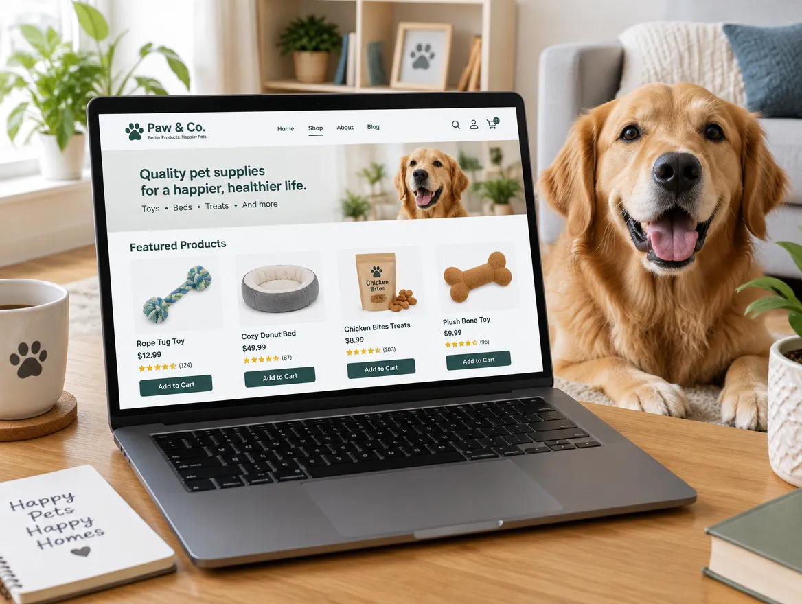 Paw & Co.: pet supplies store with treats, toys and beds