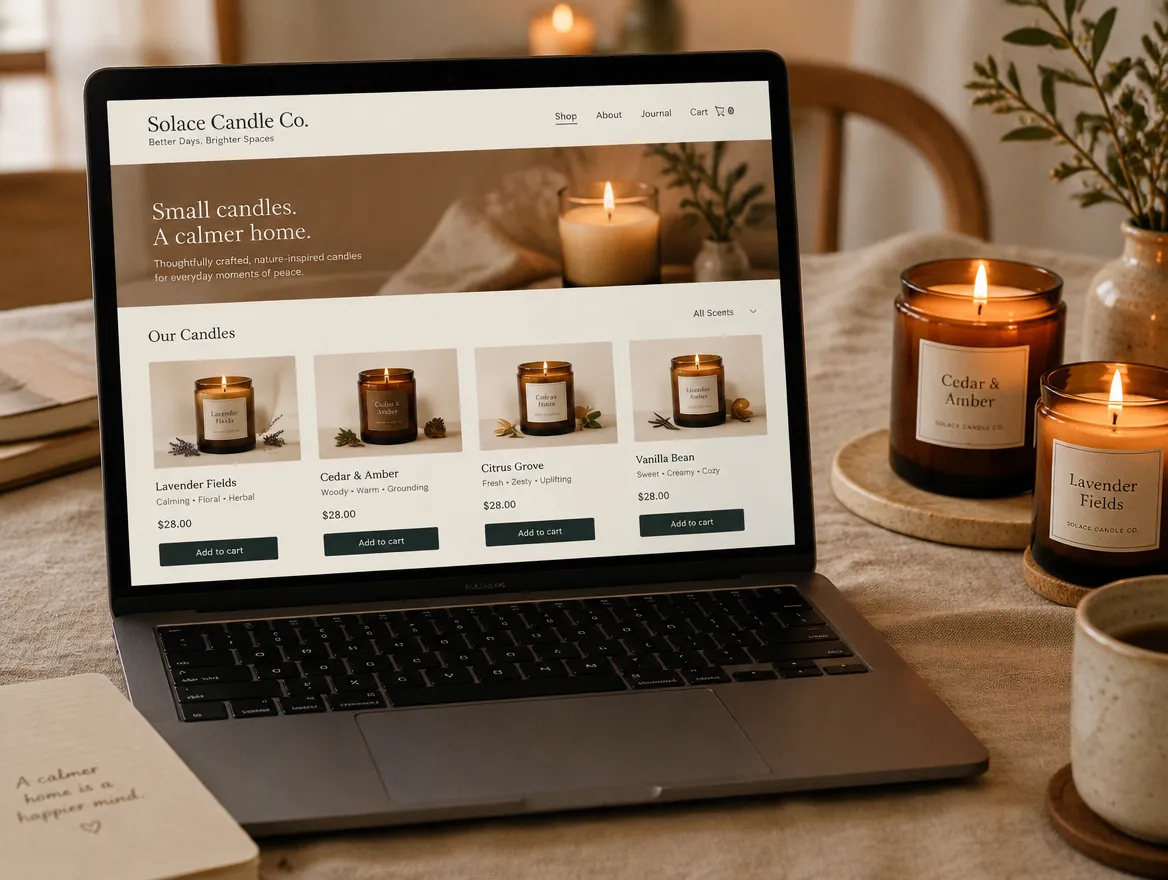 Solace Candle Co.: online candle store with a warm product grid