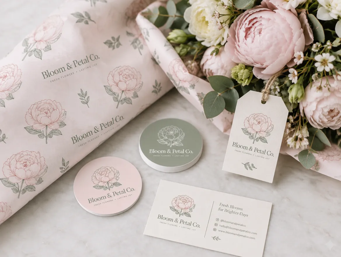 Bloom & Petal Co.: line-art peony mark for wraps, tags and cards