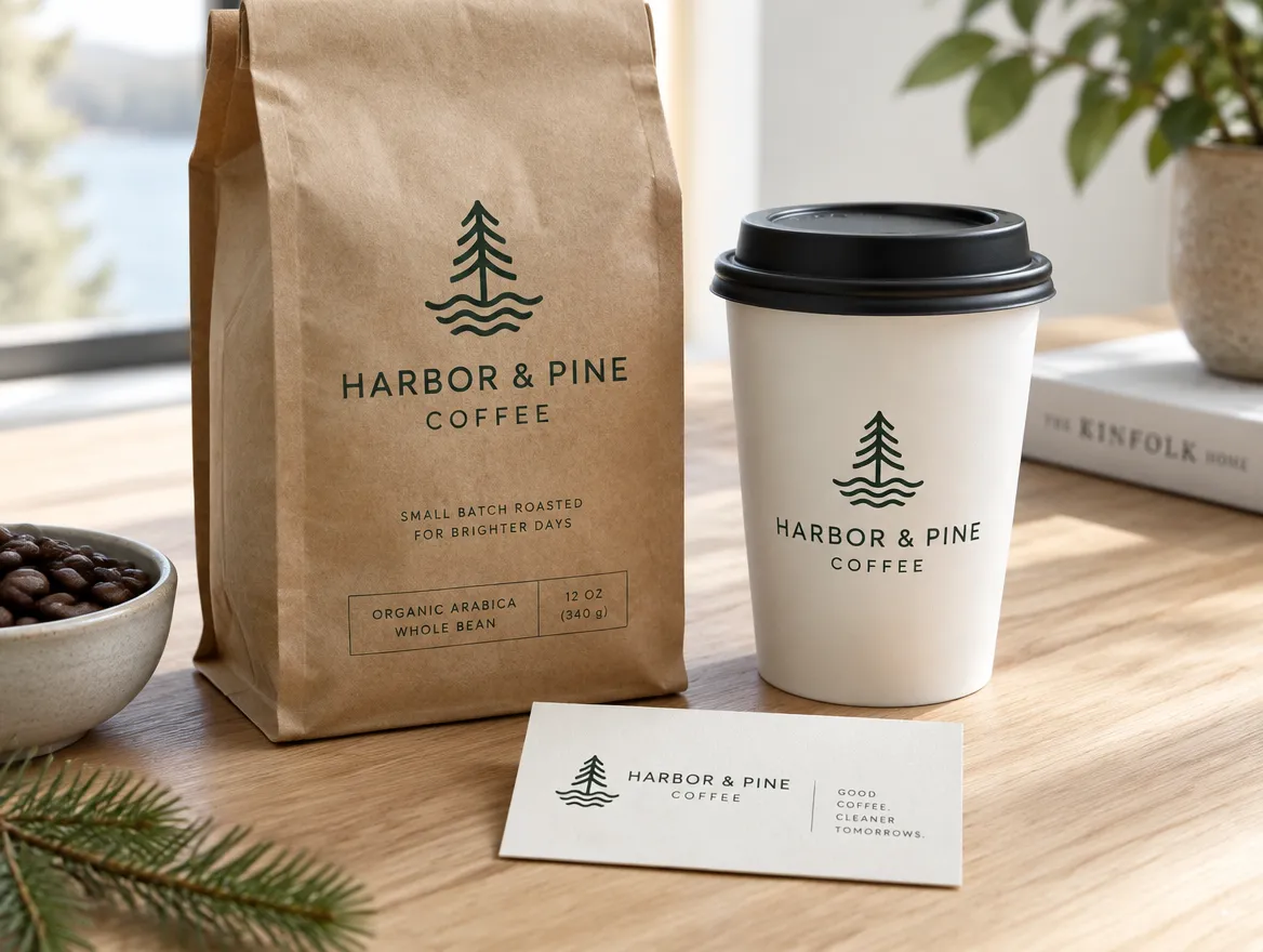 Harbor & Pine Coffee: pine-and-wave mark for bags, cups and cards
