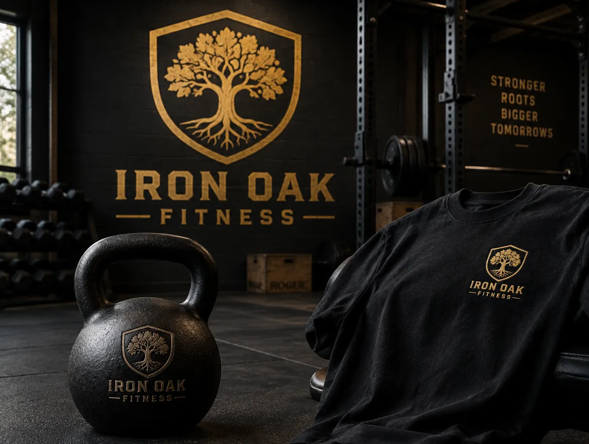 Iron Oak Fitness: oak-in-a-shield crest for walls, shirts and kit