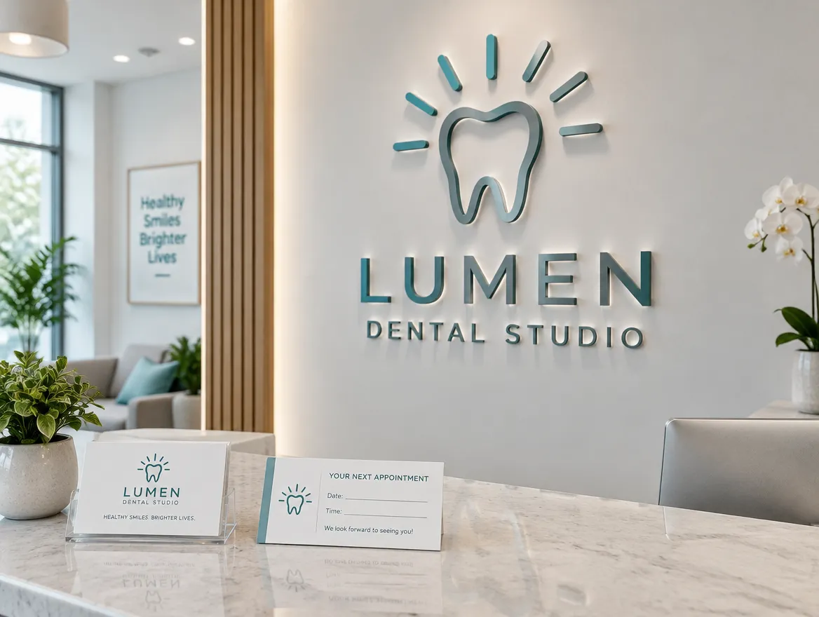 Lumen Dental Studio: tooth-and-light mark, wall sign and appointment cards