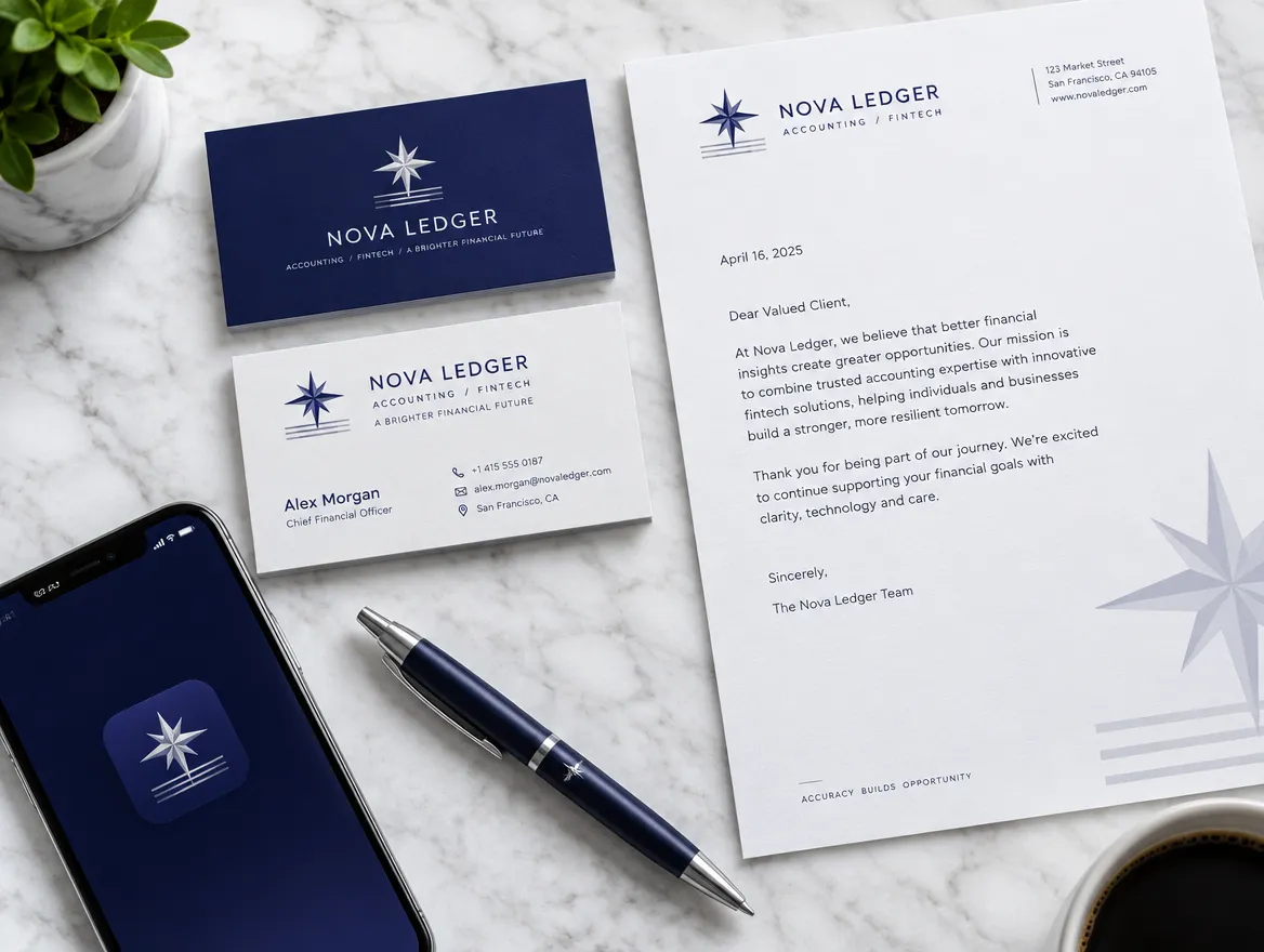 Nova Ledger: geometric star mark, stationery and app icon