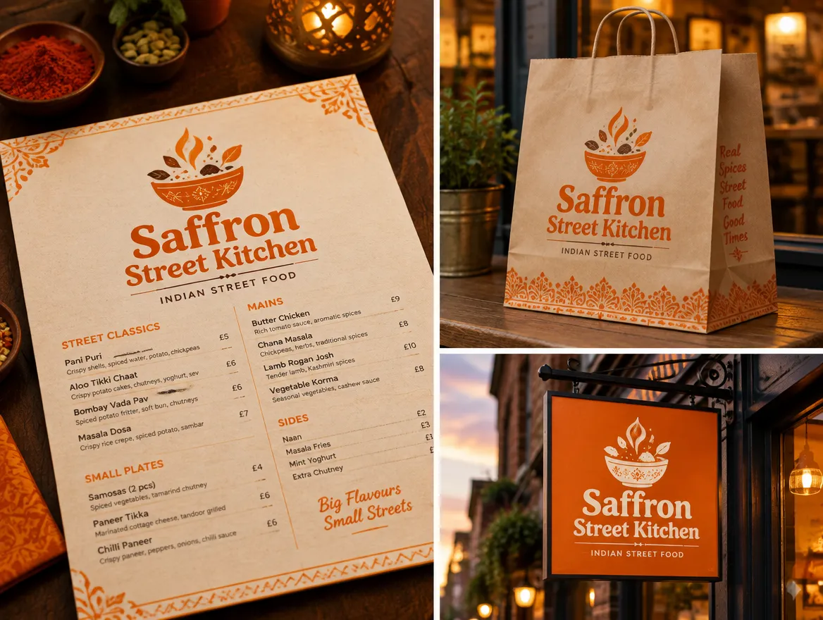 Saffron Street Kitchen: spice-bowl logo for menus, bags and signage