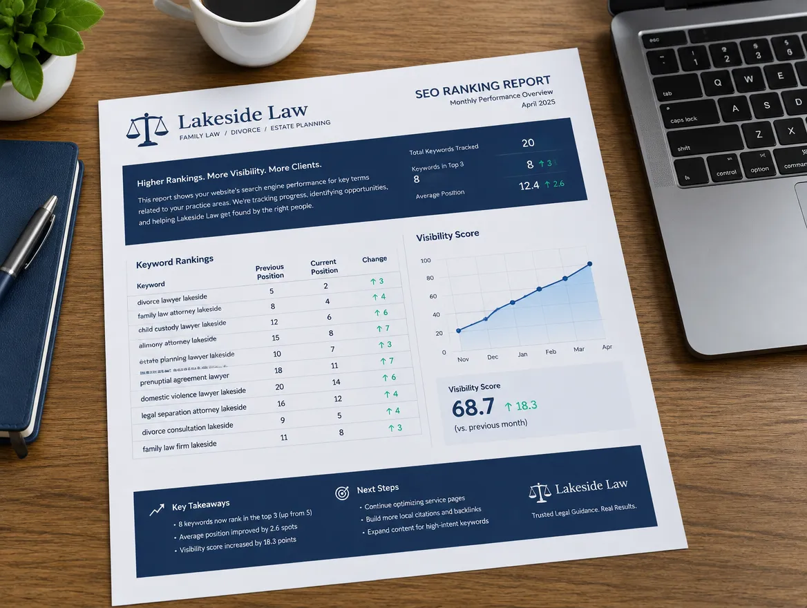 Lakeside Law: monthly ranking reports for practice-area keywords