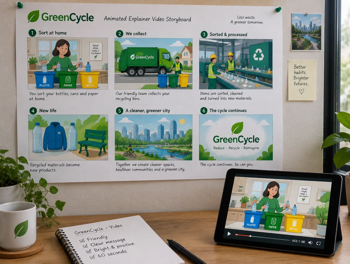 GreenCycle: storyboarded explainer for a recycling service
