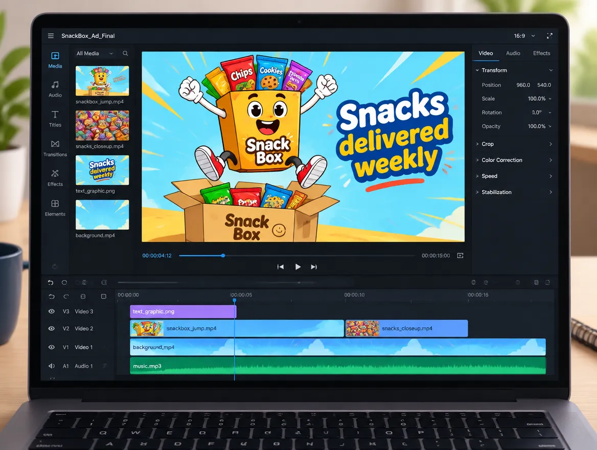 Snack Box: character-animated ad with a brand mascot