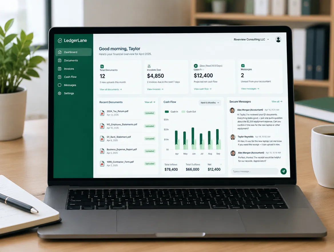 LedgerLane: client portal for documents, invoices and messages